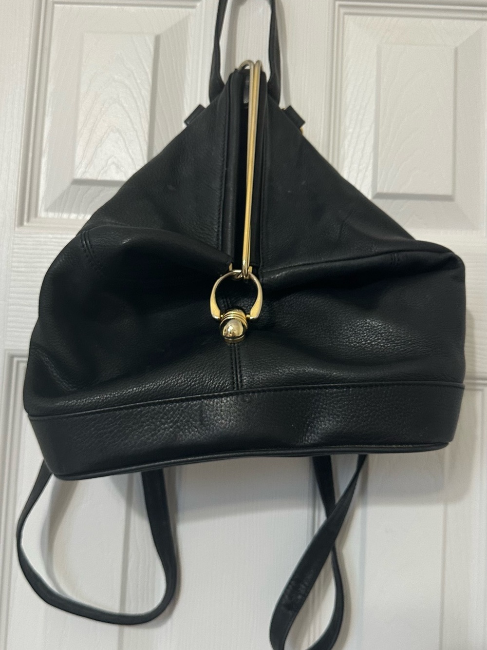 Ahzi Black Leather Backpack with Gold Ring Detail